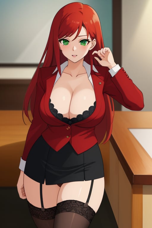 best quality, extremely detailed, masterpiece, female, adult, sexy_pose, cleavage, milf, long_hair, red_hair, green_eyes, red suit, white undershirt, black_skirt, black_stockings, lace, Miyako Saitou