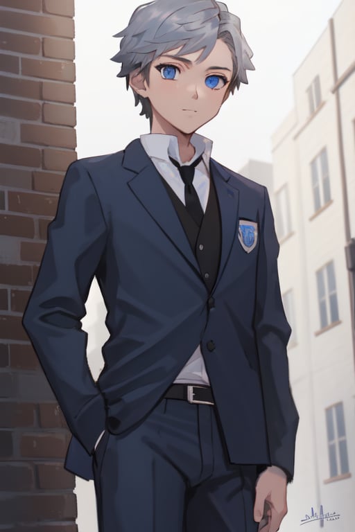 best quality, extremely detailed, masterpiece, 1_boy, teenager, blue suit, school, school uniform, black tie, black trousers, silver hair, short_hair, blue eyes