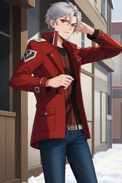 best quality, extremely detailed, masterpiece, manly, manful, cool pose, teenager, jeans, red coat, winter coat, rolled-up_sleeves, silver hair, long_hair, medium hair, straight_hair, splitted hair, red eyes, protagonist (caligula)