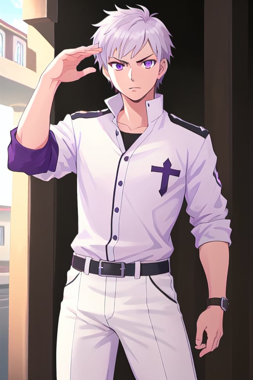 best quality, extremely detailed, masterpiece, manly, manful, cool pose, adult, worn clothes, white clothes, silver hair, short_hair, splitted hair, purple eyes, protagonist (caligula), serious, saint