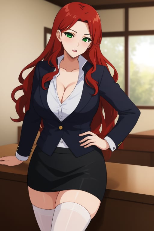 best quality, extremely detailed, masterpiece, female, adult, sexy_pose, cleavage, milf, long_hair, red_hair, wavy_hair, green_eyes, red suit, white undershirt, black_skirt, black_stockings, Miyako Saitou