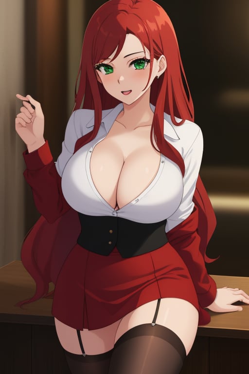 best quality, extremely detailed, masterpiece, female, adult, sexy pose, cleavage, milf, long_hair, red_hair, wavy_hair, green_eyes, red suit, white undershirt, black_skirt, black_stockings, Miyako Saitou