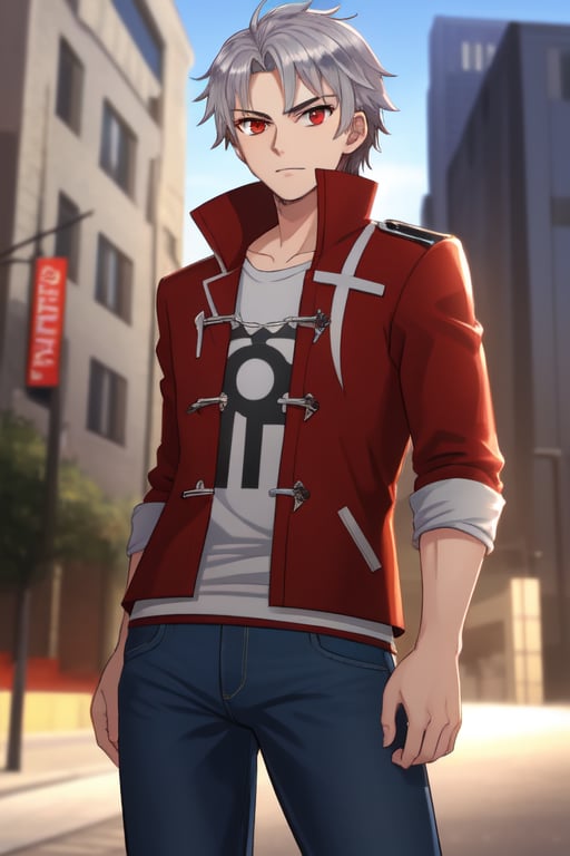 best quality, extremely detailed, masterpiece, manly, manful, cool pose, teenager, jeans, red coat, winter coat, rolled-up_sleeves, silver hair, long_hair, medium hair, straight_hair, splitted hair, red eyes, protagonist (caligula)