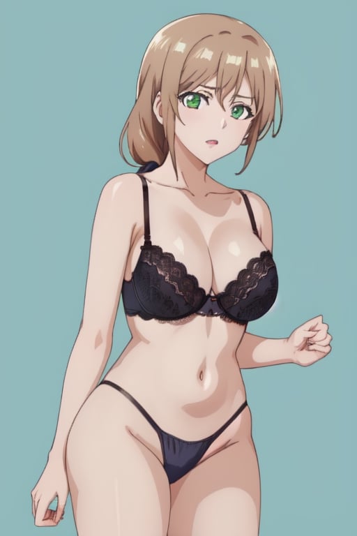 best quality, extremely detailed, masterpiece, 1_girl, mature, milf, mommy, mother, adult, medium boobs, black underwear, lace thong, bra, green-eyes, brown-hair, pony_tail, ponytail, standing, white background, Shiori Katase, milfication