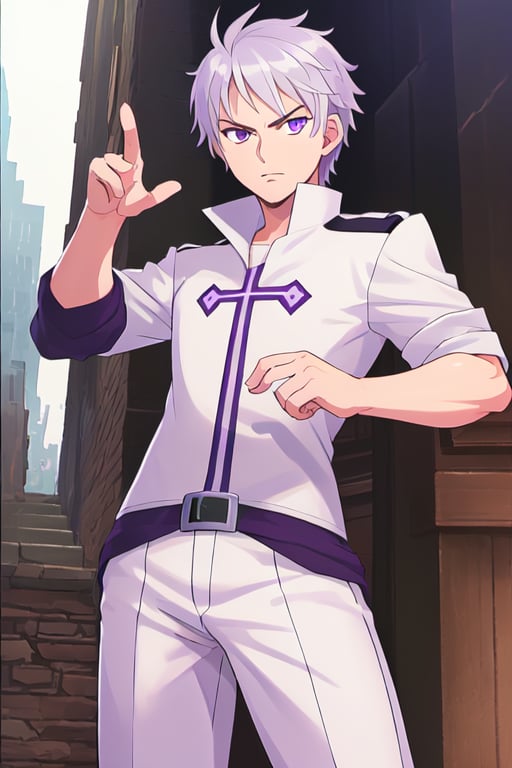 best quality, extremely detailed, masterpiece, manly, manful, cool pose, adult, worn clothes, white clothes, silver hair, short_hair, splitted hair, purple eyes, protagonist (caligula), serious, saint