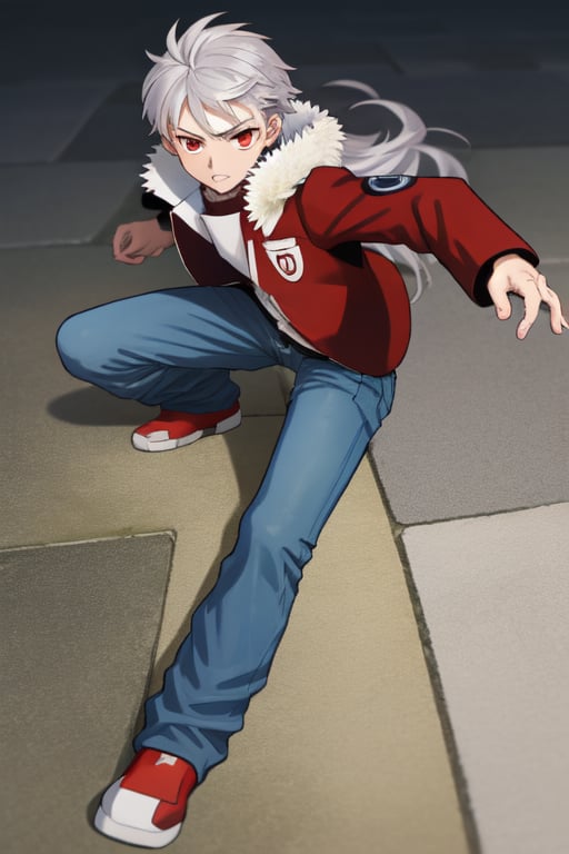 best quality, extremely detailed, masterpiece, manly, manful, cool pose, teenager, jeans, red coat, winter coat, rolled-up_sleeves, silver hair, long_hair, mediem-length hair, straight_hair, splitted hair, red eyes, protagonist (caligula)