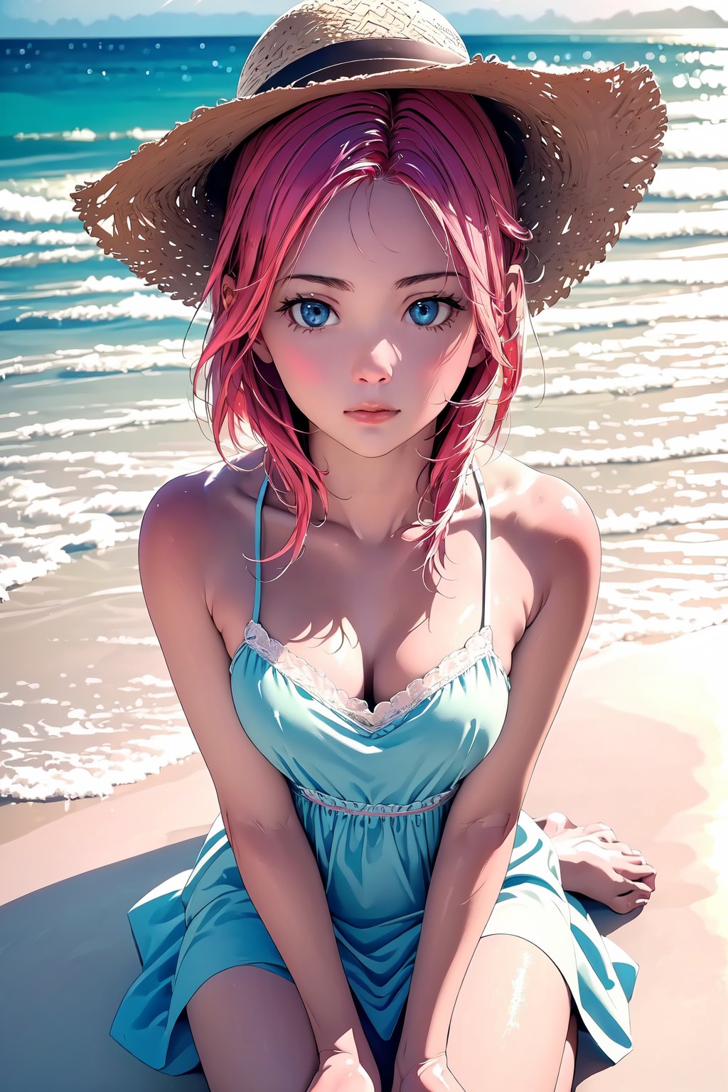 Here's a prompt that captures the essence of your request:

A masterpiece UHD shot (16K) from directly above, with photorealistic quality (1.2). Soft light illuminates the subject's face, perfectly textured and in sharp focus. The model, adorned with pink hair (1.475) and a straw hat (1.5), kneels on a serene beach background featuring ocean waves, waterline, and subtle texture. Her short lace dress is shoulder-free, revealing medium-sized breasts. As she looks up at the viewer with an air of innocence, her gaze is captivating. The overall atmosphere is one of peaceful tranquility, inviting the viewer to step into the scene.