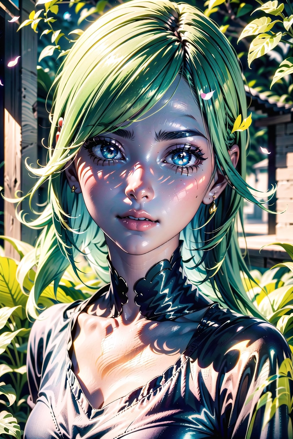 ((1girl)), (3d rendering), (3d girl), ((solo)), Half body, details, (Long straight hairs), (blue-green hair:0.8), nice eyes, (detailed beautiful eyes), (detailed face), (extremely detailed CG, ultra-detailed, best shadow), ((depth of field)), (loses black shirt), (flowers and petals:1.12),