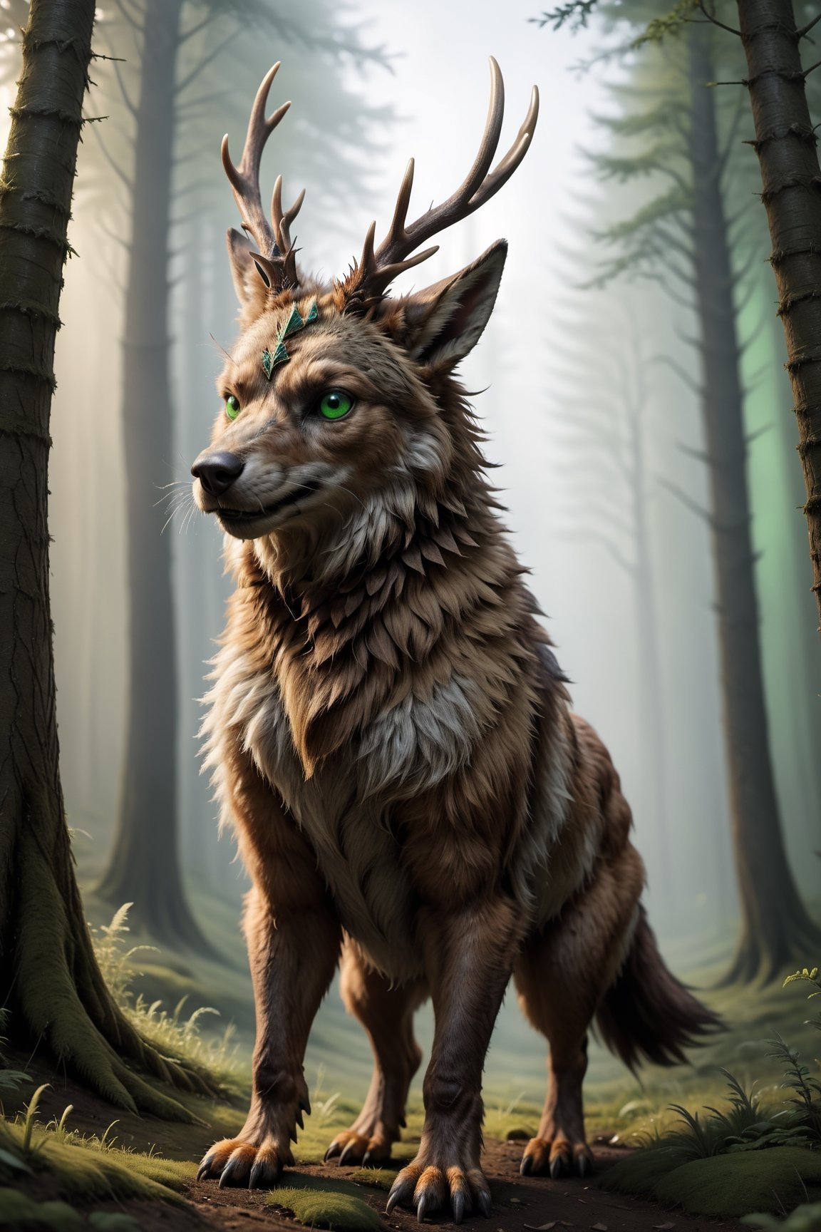 (masterpiece, photorealistic:1.35), (CGI image of a Wolpertinger:1.65), (majestic creature), (the Wolpertinger's fur, created with exquisite details:1.25), (the Wolpertinger's green eyes glow:1.31), (the Wolpertinger stands gracefully on a wide meadow:1.1), (the Wolpertinger has a antlers on its head:1.5), (Blender CGI software that can create breathtaking photorealistic scenes:1.2), (surrounded by the quiet beauty of the forest:1.1), (highly detailed landscape:1.25), (the captivating look of the Wolpertinger:1.1), beautiful color correction, Unreal Engine, super resolution, megapixels, 4 lags,




8k wallpaper, awesome, (((masterpiece))), (((best quality))), ((ultra detailed)), (illustration), dynamic angle,