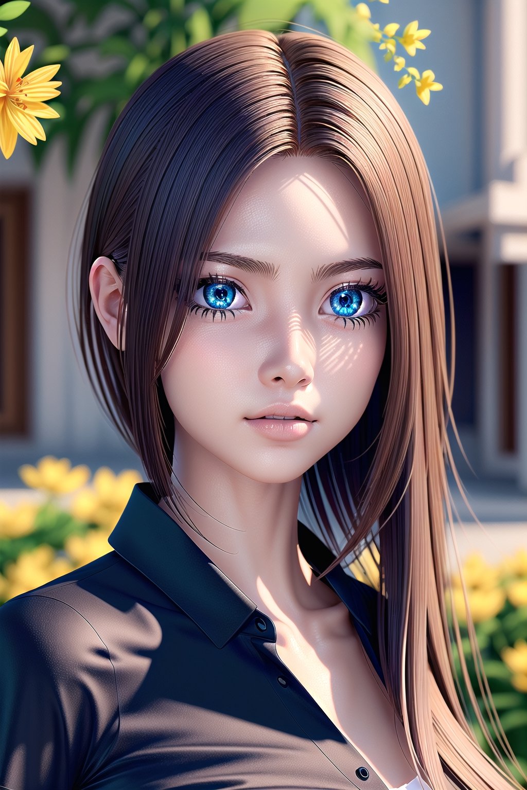 ((1girl)), (3d rendering), (3d girl), ((solo)), Half body, details, (Long straight hairs), (blue-green hair:0.8), nice eyes, (detailed beautiful eyes), (detailed face), (extremely detailed CG, ultra-detailed, best shadow), ((depth of field)), (loses black shirt), (flowers and petals:1.12),