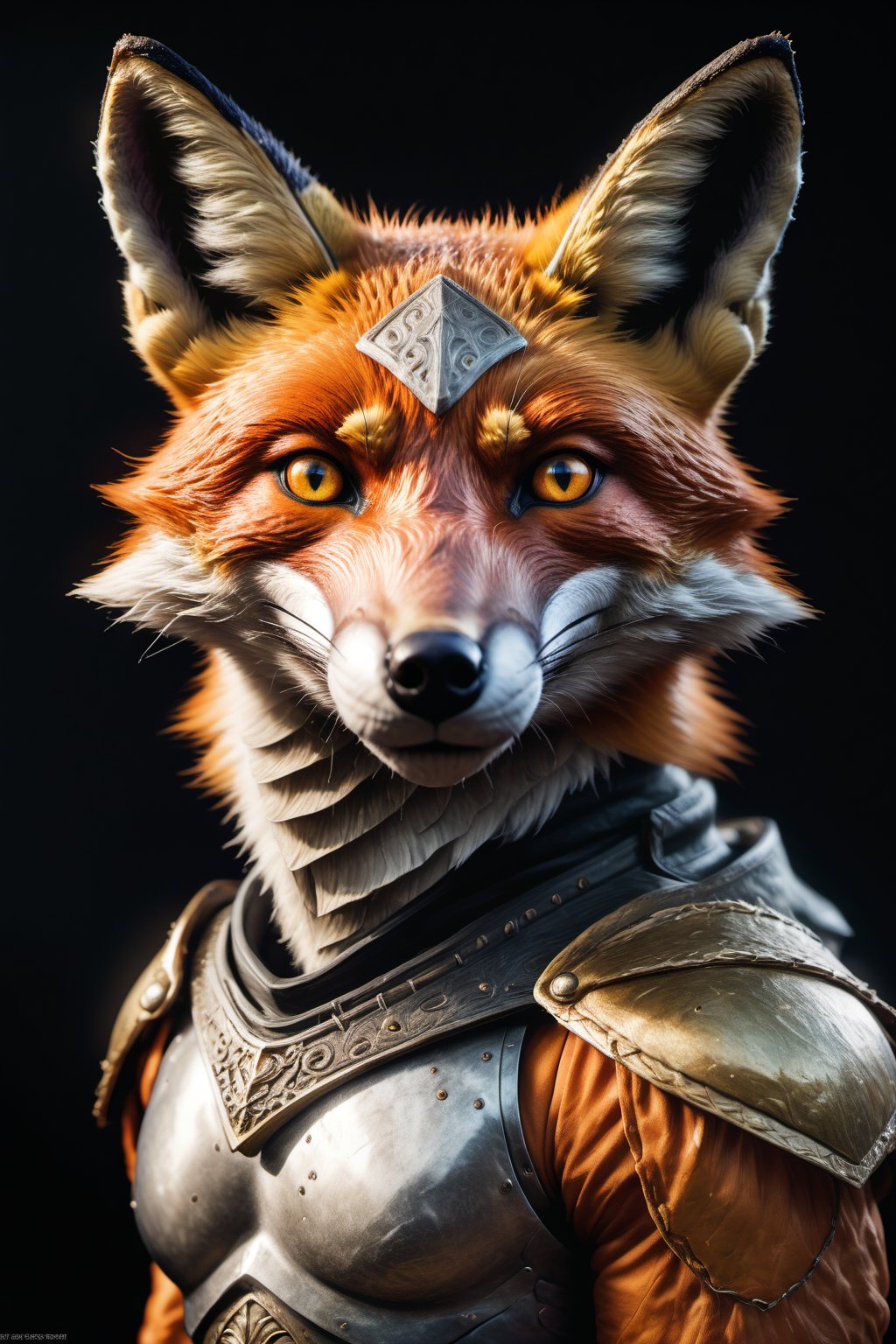 In this breathtakingly detailed masterpiece, a majestic male fox is rendered in high-resolution glory. Standing solo, its upper body is depicted from the side, showcasing its striking features. The fox's fur is a mesmerizing blend of textures and hues, with a subtle sheen that catches the light. Its ears are pointed upwards, alert to potential threats, while its snout is strong and determined. The piercing orange eyes gleam with intelligence, framed by sharp, angular cheekbones. A subtle armor plating adorns its torso, adding an air of mystique to this regal creature. The overall composition is a masterclass in atmospheric lighting, with the subject's fur blending seamlessly into the dark background, creating a sense of depth and mystery.,BugCraft