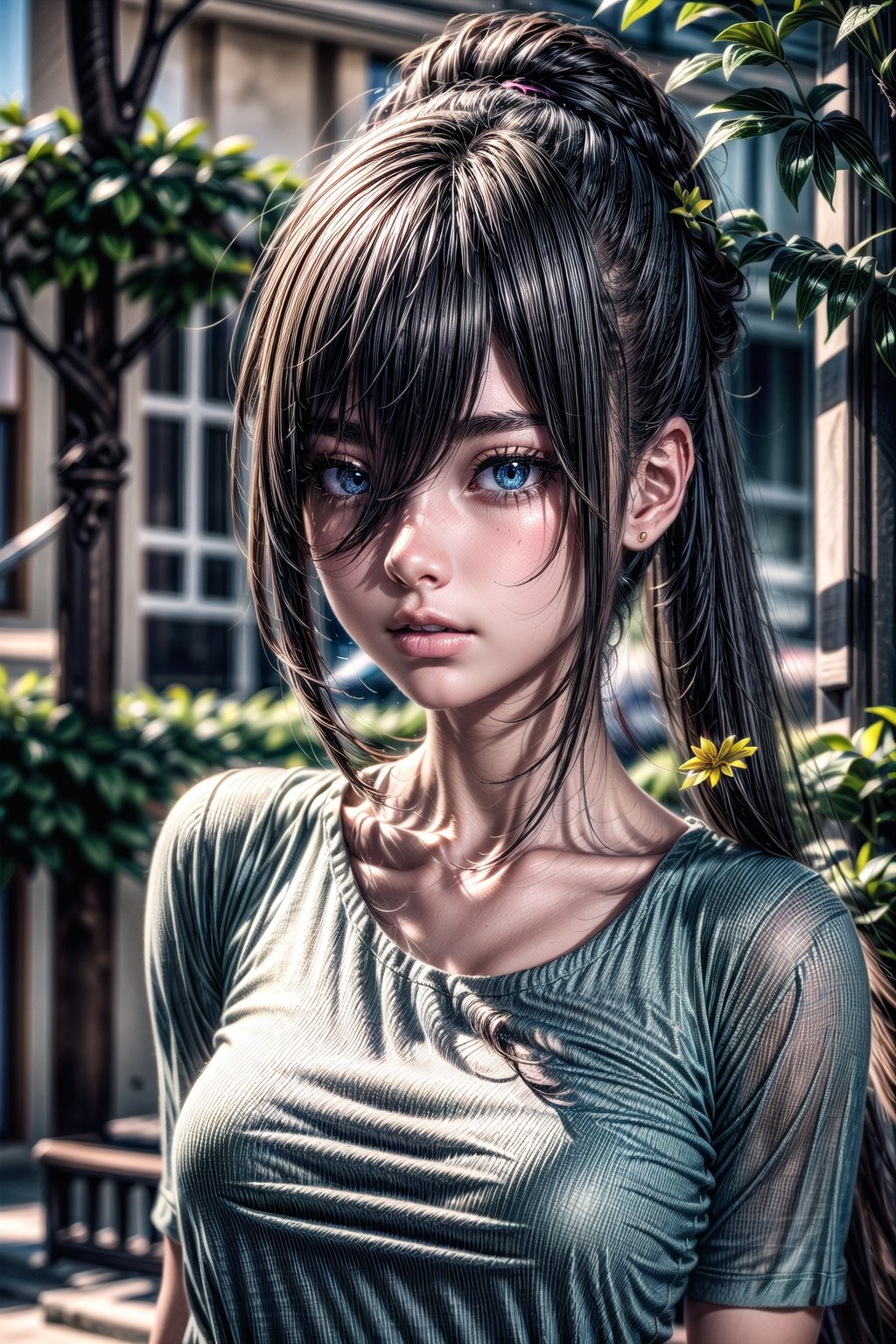 ((1girl)), (3d rendering), (3d girl), ((solo)), Half body, details, (Long straight hairs), (blue-green hair:0.8), nice eyes, (detailed beautiful eyes), (detailed face), (extremely detailed CG, ultra-detailed, best shadow), ((depth of field)), (loses black shirt), (flowers and petals:1.12),