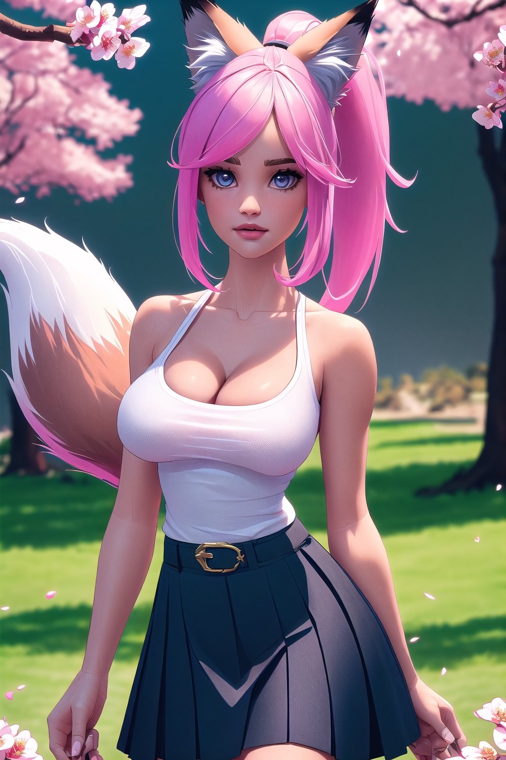 1girl, solo, long hair, breasts, looking at viewer, bangs, blue eyes, skirt, medium breasts, shirt, hair ornament, holding, animal ears, cleavage, bare shoulders, very long hair, closed mouth, standing, tail, white shirt, ponytail, pink hair, flower, cowboy shot, sleeveless, belt, black skirt, bra, lips, animal ear fluff, bare arms, petals, fox ears, cherry blossoms, pink nails, high-waist skirt, holding hair, toned,