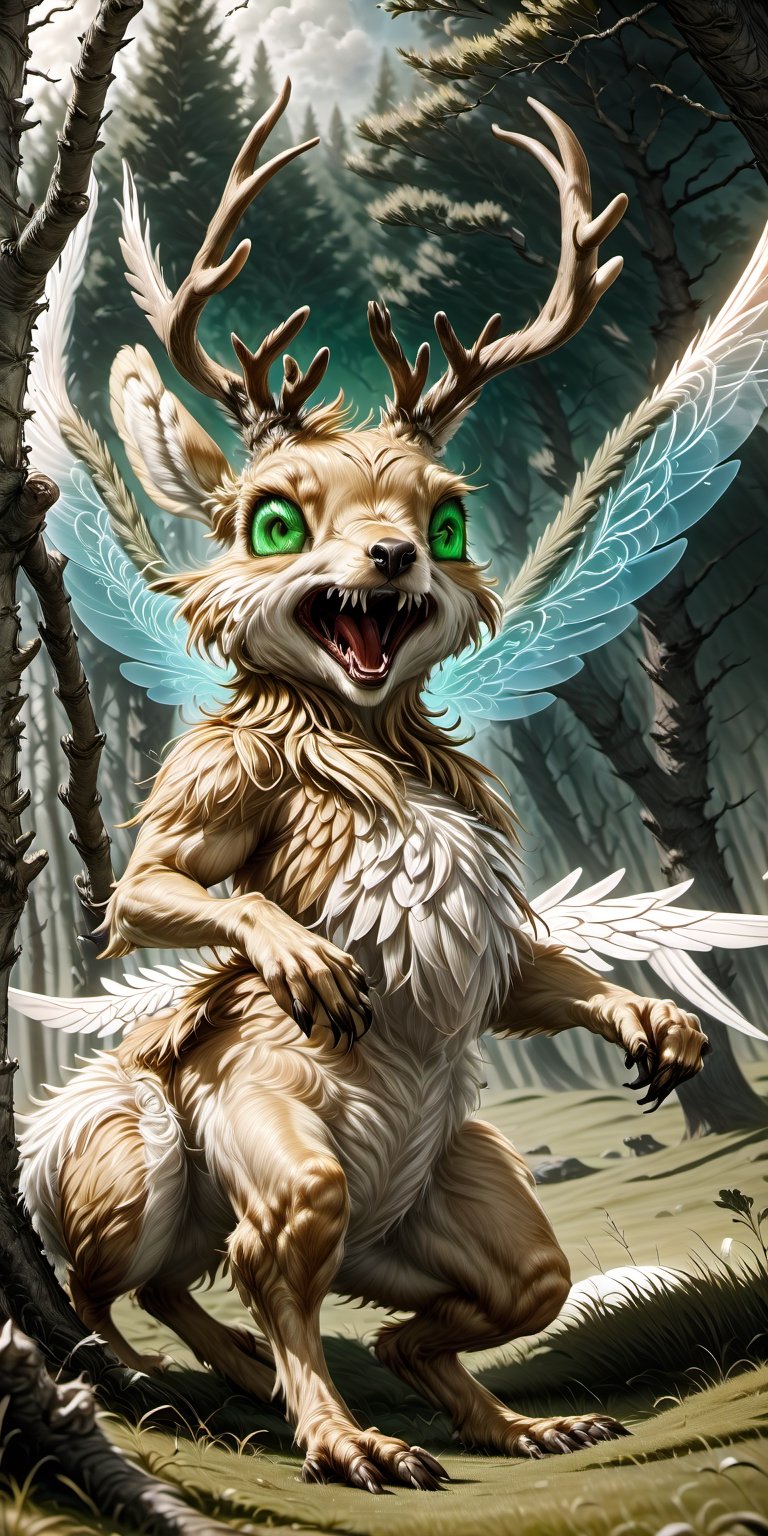 (CGI image of a Wolpertinger:1.65), (majestic creature), (the Wolpertinger's fur, created with exquisite details:1.25), (the Wolpertinger's green eyes glow:1.31), (the Wolpertinger stands gracefully on a wide meadow:1.1), (the Wolpertinger has antlers on his head:1.5), (Blender CGI software that can create breathtaking photorealistic scenes:1.2), (surrounded from the quiet beauty of the forest:1.1), (highly detailed landscape:1.25), (the captivating look of the Wolpertinger:1.1), (the Wolpertinger's hind legs are duck feet:1.25), (the Wolpertinger has 2 angel wings:1.85), beautiful color correction, Unreal Engine,


(masterpiece, best quality, high resolution, 64k, highly detailed, intricate), illustration, (realistic:1.75), (realistic design:1.5), perfect details, soft light, more details, 3D style,
/GC\