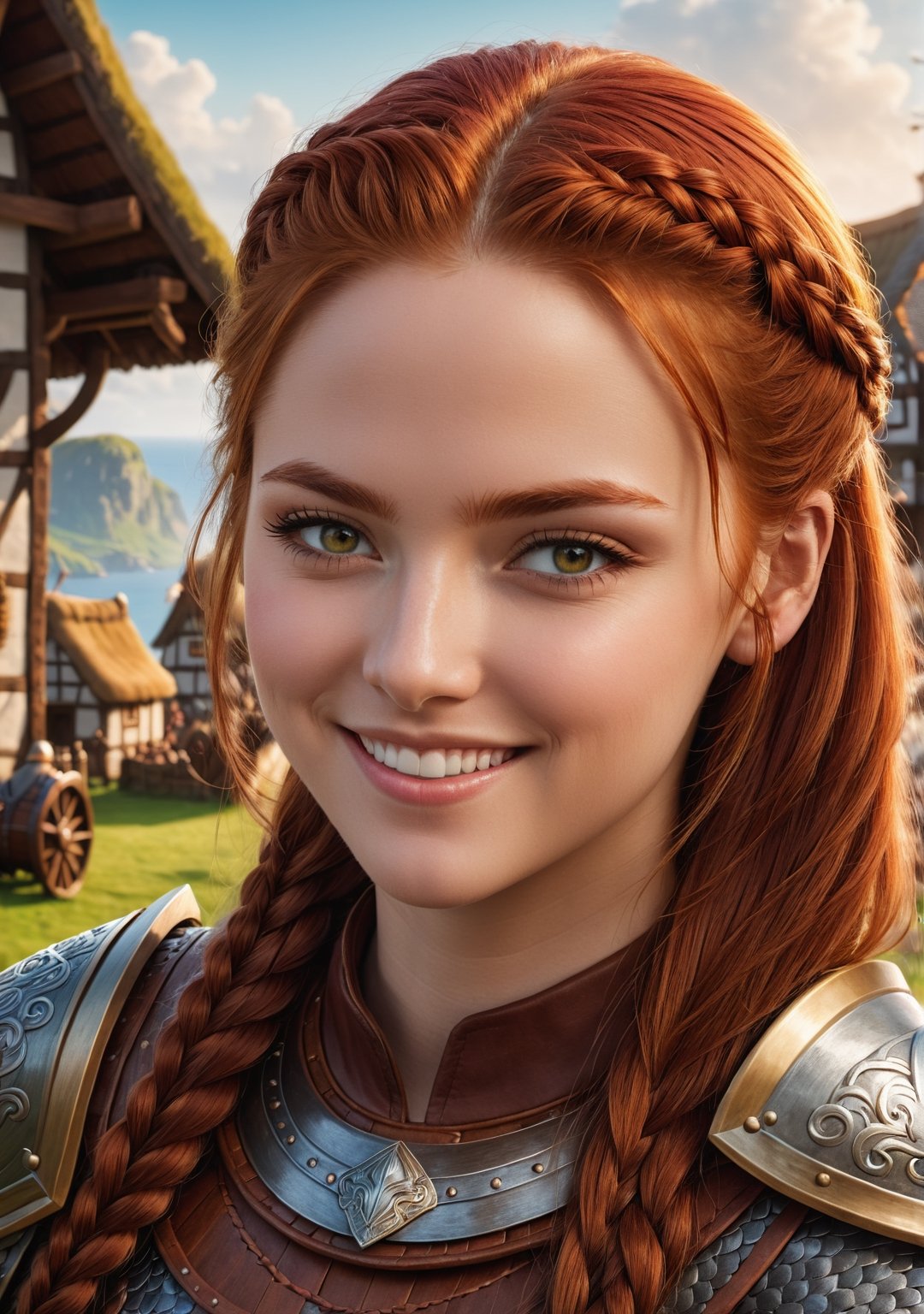 Cute girl, looks at viewer over shoulder, smiles sheepishly, profile view, redhead, armor, 

epic viking village background,



maximum image texture, best quality UHD 16k, best quality, masterpiece, Ultra detailed, very high definition, extremely delicate and beautiful, more contrast, high contrast

8k wallpaper, awesome, (masterpiece, photorealistic:1.5), (((best quality))), ((ultra detailed)), (illustration), dynamic angle,