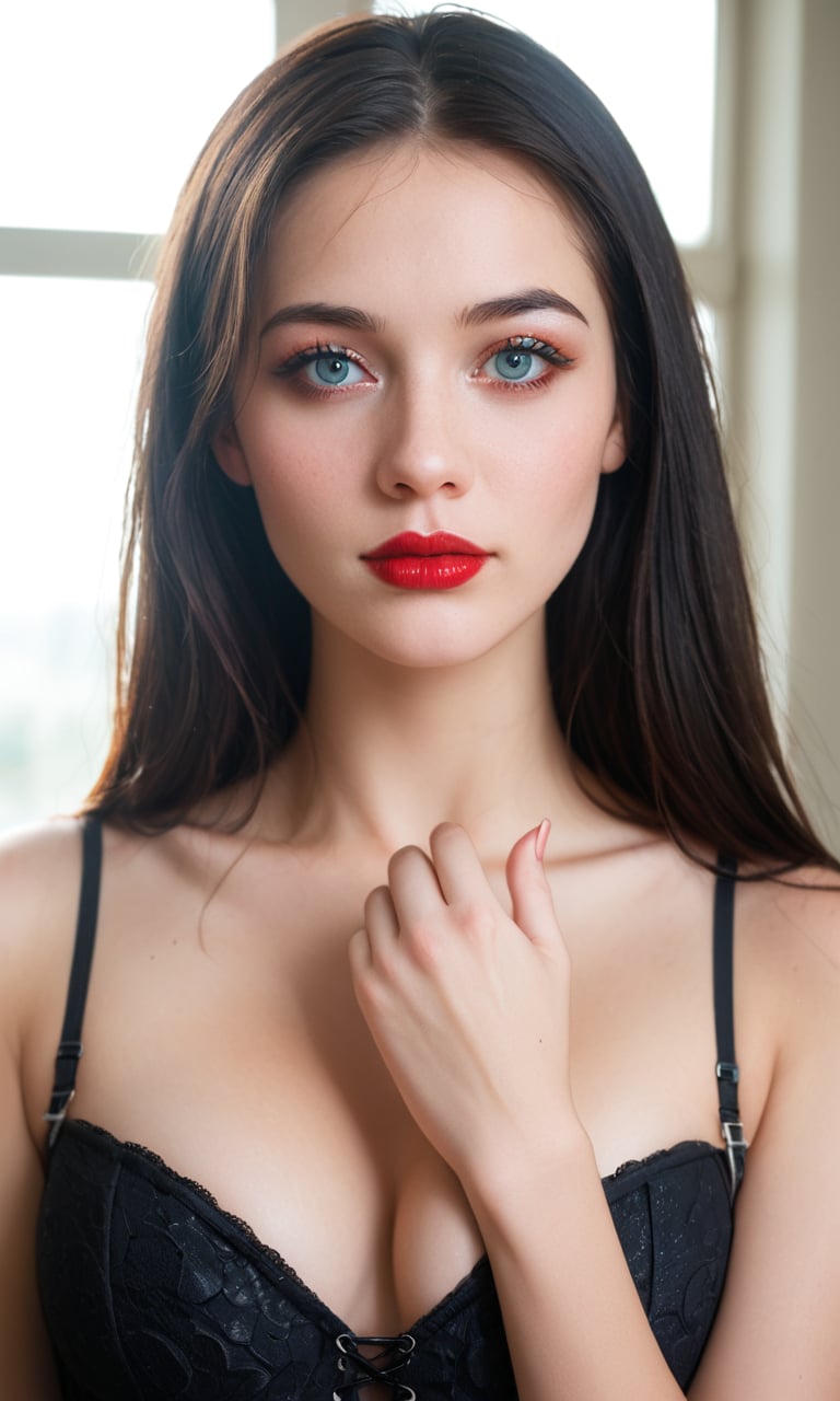 A close-up photo of an East Asian woman with long black hair and bangs, wearing a black corset. She has a serene expression with almond-shaped eyes, soft lips with a touch of red lipstick, and smooth, fair skin with a hint of natural glow. Her makeup includes subtle eyeshadow, mascara, and a light blush enhancing her cheekbones. Her hand is delicately placed near her shoulder, showcasing manicured nails. She is standing near a softly lit window, with gentle natural light highlighting her features. The background is slightly blurred, focusing on her face and upper body. BREAK high-resolution camera, close-up lens, natural lighting, modern realism, soft shadows, intimate setting, hd quality, natural look --ar 16:9 --v 6.0