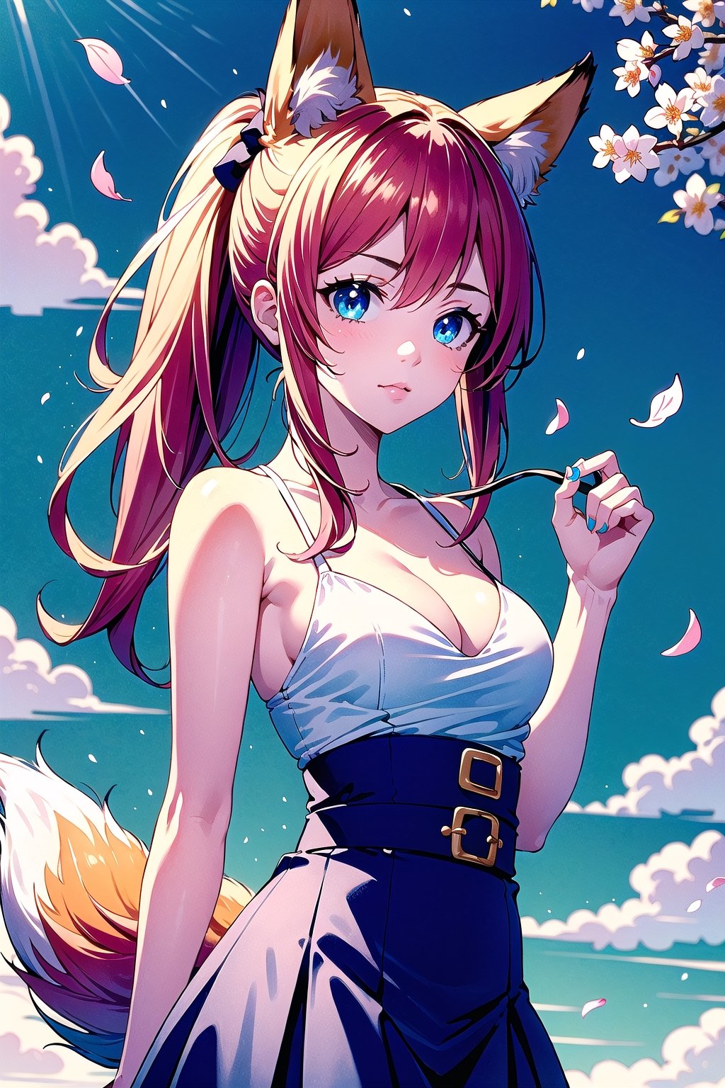 1girl, solo, long hair, breasts, looking at viewer, bangs, blue eyes, skirt, medium breasts, shirt, hair ornament, holding, animal ears, cleavage, bare shoulders, very long hair, closed mouth, standing, tail, white shirt, ponytail, pink hair, flower, cowboy shot, sleeveless, belt, black skirt, bra, lips, animal ear fluff, bare arms, petals, fox ears, cherry blossoms, pink nails, high-waist skirt, holding hair, toned,