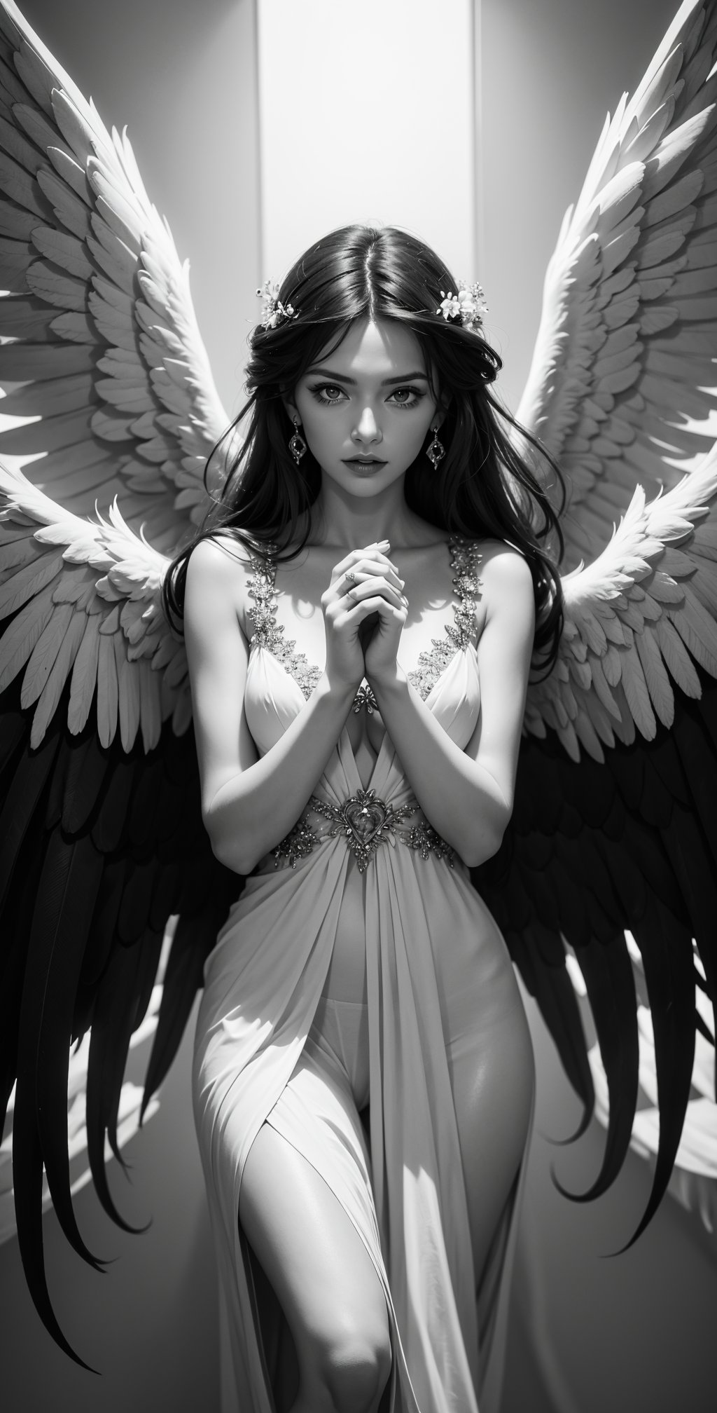 Angel descending from heaven, [Monica Belluci], [2wings], long hair, joyful, black and white color palette, fashion photography, high resolution, detailed, dreamy, depth of field.