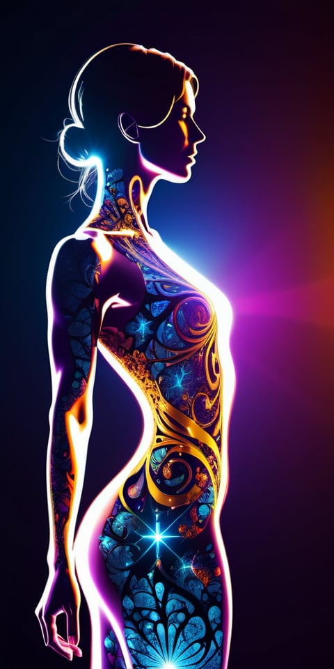 cinematic photo of [fine fractal], glossy [vivid colored] ink sketch [shiny contours] outlines of a perfect physique [female silhouette], 35mm photograph, film, bokeh, professional, 4k, highly detailed
