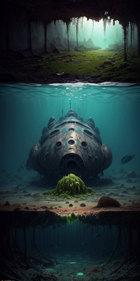 big mothership fallen on earth, half covered by algae, crashed, damaged, rusty, abandoned, deep underwater, ((best quality)), ((masterpiece)), ((beautiful landscape)), soft light, hdr, intricate, highly detailed, sharp focus, insane details, intricate details, low contrast, soft light