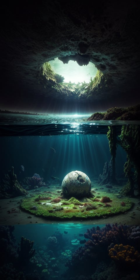 single shot of big round mothership fallen on earth, covered by algae, crashed, damaged, rusty, lights on, deep underwater, ((best quality)), ((masterpiece)), ((beautiful landscape)), soft light, hdr, intricate, highly detailed, sharp focus, insane details, intricate details, low contrast, soft light