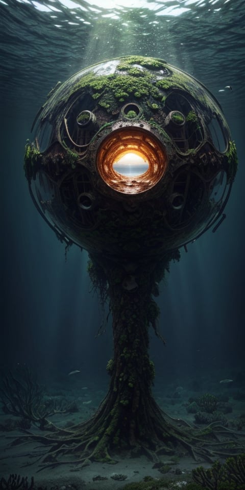 single shot of big spherical mothership fallen on earth, half covered by algae, crashed, damaged, rusty, abandoned, deep underwater, ((best quality)), ((masterpiece)), ((beautiful landscape)), soft light, hdr, intricate, highly detailed, sharp focus, insane details, intricate details, low contrast, soft light