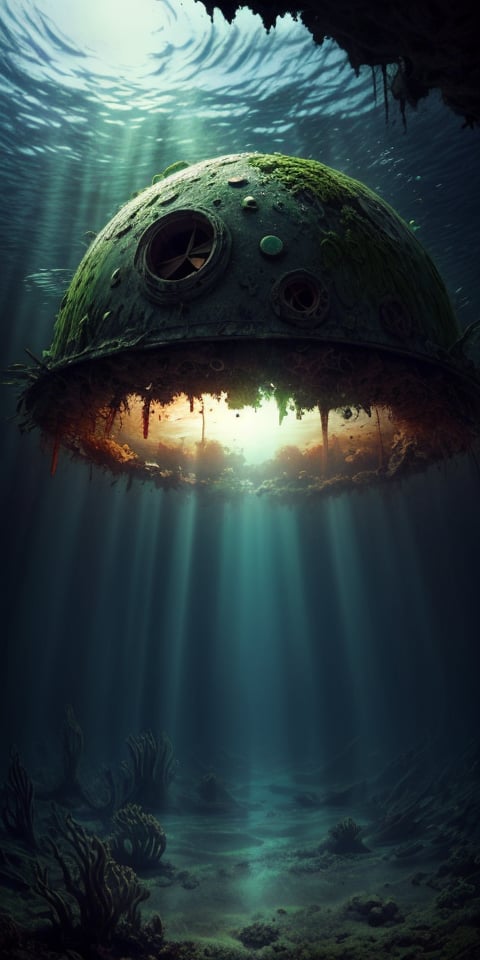 single shot of big round mothership fallen on earth, covered by algae, crashed, damaged, rusty, abandoned, deep underwater, ((best quality)), ((masterpiece)), ((beautiful landscape)), soft light, hdr, intricate, highly detailed, sharp focus, insane details, intricate details, low contrast, soft light