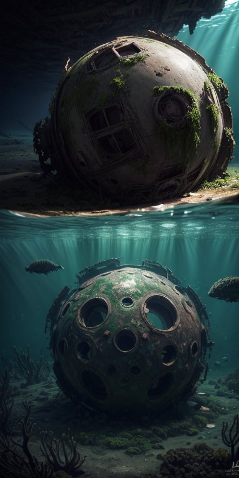 single shot of big spherical mothership fallen on earth, half covered by algae, crashed, damaged, rusty, abandoned, deep underwater, ((best quality)), ((masterpiece)), ((beautiful landscape)), soft light, hdr, intricate, highly detailed, sharp focus, insane details, intricate details, low contrast, soft light