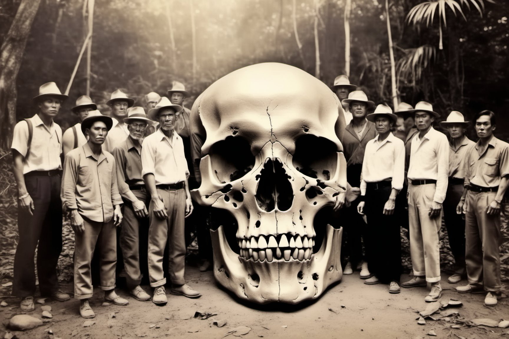 vintage photo of [giant human skull with six feet high] surrounded by [group of archeologists] at jungle, old photo, detailed, dramatic lights  -- style raw