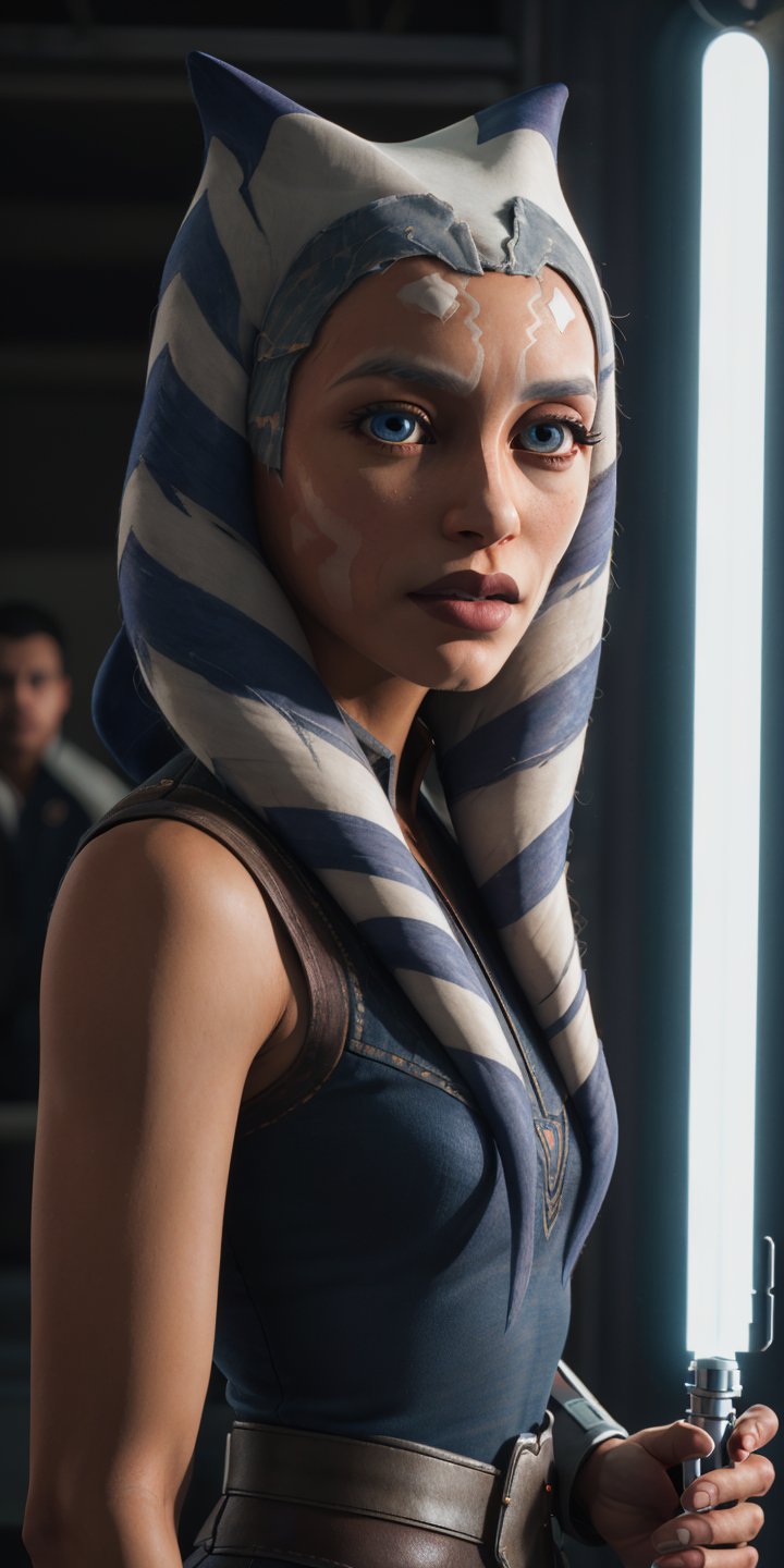 photorealistic stunningly beautiful standing [medium shot], 1girl, solo, (((Monica Belluci))), (blue eyes), ((orange skin)), colored skin, (holding lightsaber), dynamic pose, ahsokatano, extremely detailed eyes, realistic eyeballs, detailed symmetric realistic face, symetric eyeballs, small eyeballs, natural skin texture, extremely detailed skin, with skin pores, peach fuzz, small freckels, masterpiece, absurdres, award winning photo by lee jeffries, nikon d850 film stock photograph, kodak portra 400 camera f1.6 lens, extremely detailed, amazing, fine detail, rich colors, hyper realistic lifelike texture, dramatic lighting, natural shadow, unrealengine, trending on artstation, cinestill 800 tungsten, photo realistic, RAW photo, TanvirTamim, high quality, highres, sharp focus, extremely small chest, cinematic lighting, 8k uhd, editorial light, clean composition, strong details, Hasselblad --style raw