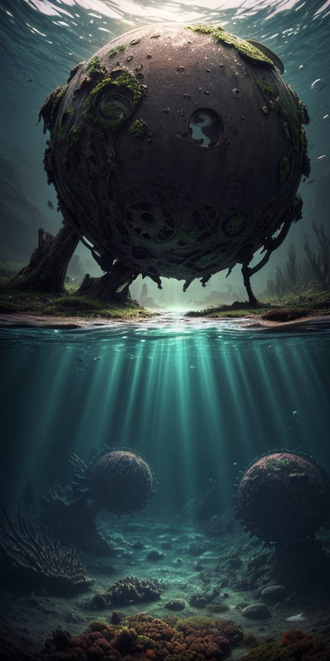 single shot of big spherical mothership fallen on earth, half covered by algae, crashed, damaged, rusty, abandoned, deep underwater, ((best quality)), ((masterpiece)), ((beautiful landscape)), soft light, hdr, intricate, highly detailed, sharp focus, insane details, intricate details, low contrast, soft light