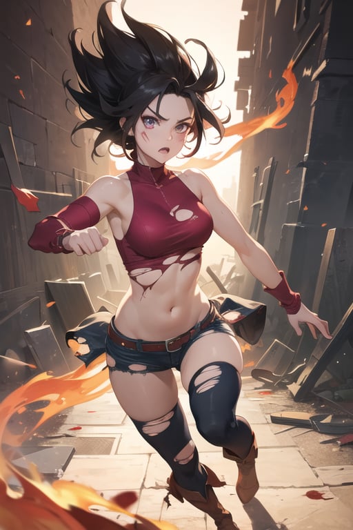 Caulifla fighting, (masterpiece, best quality:1.1), ghibli style, solo_female, beautiful face and eyes, 8k, best quality, high quality, Highest picture quality, (Detailed eyes description),(full_body),  Highres, best quality, extremely detailed, area lighting in background, 1girl, fiery eyes, overlooking an army, horror style, area lighting in background, (torn clothes:1.5), blood, blood splatter, night, leggeans, sleeveless pink top, flat_chest, pink nips,