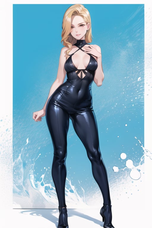 casual outfit, full body, cute, (masterpice), best quality, (sexy pose: 1.2), flat chest, litle bobs, beautiful face and eyes, 8k,  best quality, high quality, Highest picture quality, (Detailed eyes description),(full_body), 1girl, android 18\),Aliya