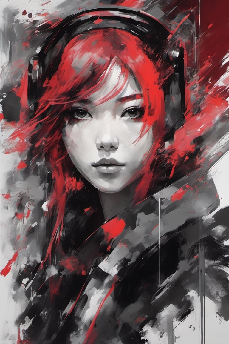 aesthetic, 2 tone, black and white, simplified shapes, figurative, style mix of acrylic painting, watercolor, oil painting, photography, digital art,   brush strokes, dark red color pop, a gorgeous young girl, highly detailed , ultra detailed, very intricate, low poly, abstract surreal, Kanji , Katakana ,  niji style, graffiti style,  comics style, anime style , cyberpunk