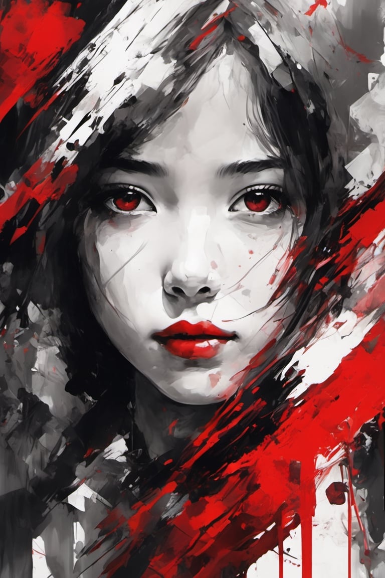 aesthetic, 2 tone, black and white, simplified shapes, figurative, style mix of acrylic painting, watercolor, oil painting, photography, digital art,   brush strokes, dark red color pop, a gorgeous young girl, highly detailed , ultra detailed, very intricate, low poly, abstract surreal, Kanji , Katakana ,  niji style, graffiti style,  comics style, anime style 