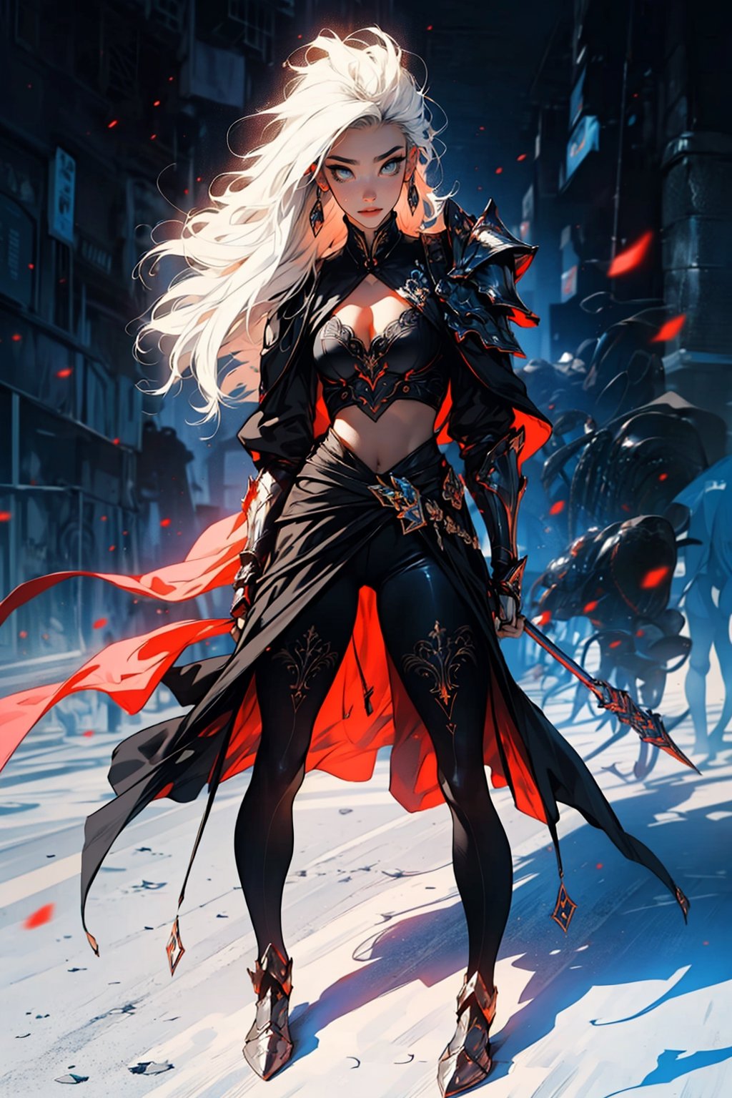 ((Masterpiece, best quality, ultra-detailed)), (detailed background), (pretty face), One female vampire, beautiful sun light shining down on her, bright yellow eyes, light peach color skin, white_hair, straight_hair, hair passing waist, armor shoulder plates, chest armor plates slightly revealing cleavage, legs armor plates slightly revealing legs, one magical staff, ((full body stance)), depth of view, (best shadow, best gray shader, ultra detailed), (detailed background), (beautiful detailed face, beautiful detailed eyes), High contrast, (best illumination, an extremely delicate and beautiful)