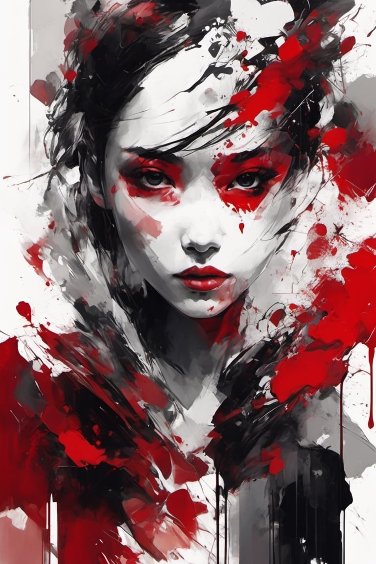 aesthetic, 2 tone, black and white, simplified shapes, figurative, style mix of acrylic painting, watercolor, oil painting, photography, digital art,   brush strokes, dark red color pop, a gorgeous young girl, highly detailed , ultra detailed, very intricate, low poly, abstract surreal, Kanji , Katakana ,  niji style, graffiti style,  comics style, anime style 