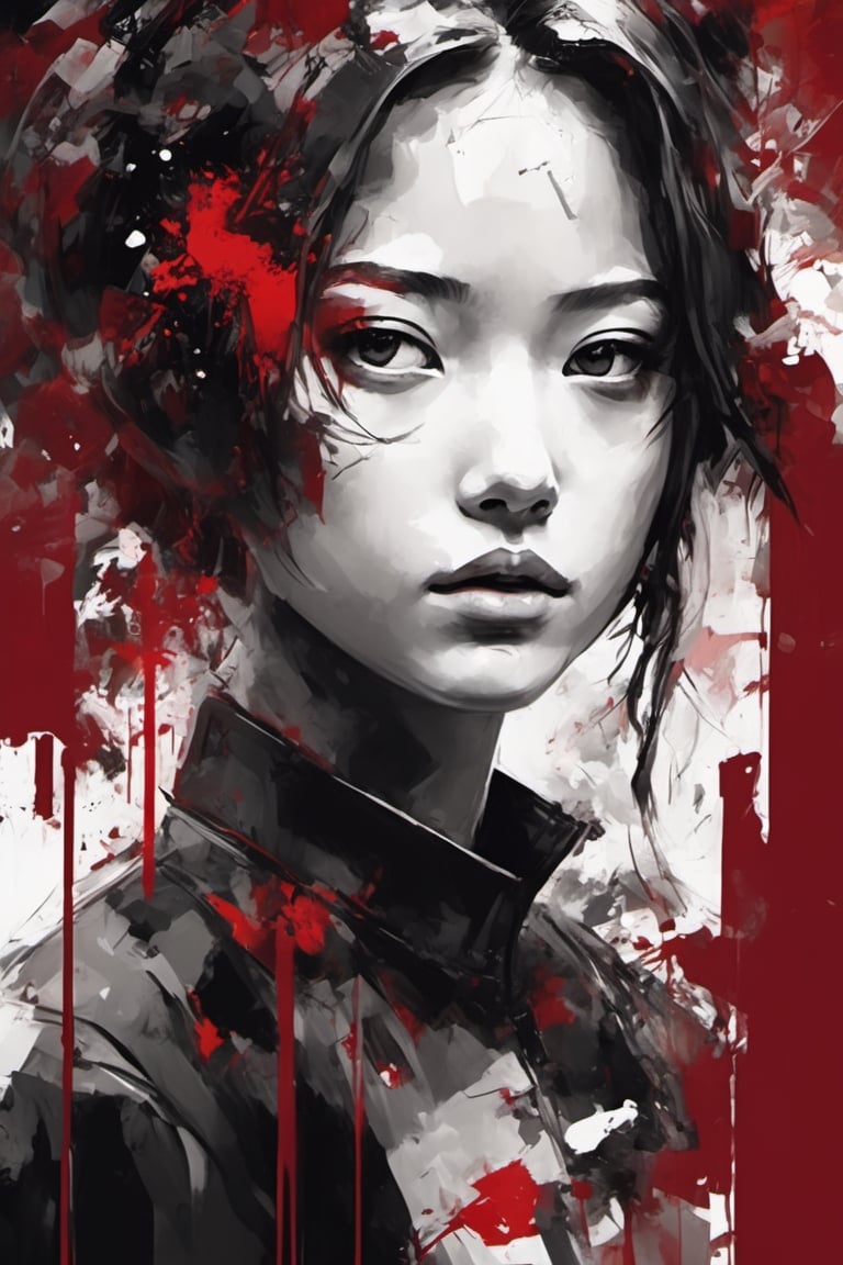 aesthetic, 2 tone, black and white, simplified shapes, figurative, style mix of acrylic painting, watercolor, oil painting, photography, digital art,   brush strokes, dark red color pop, a gorgeous young girl, highly detailed , ultra detailed, very intricate, low poly, abstract surreal, Kanji , Katakana ,  niji style, graffiti style,  comics style, anime style 