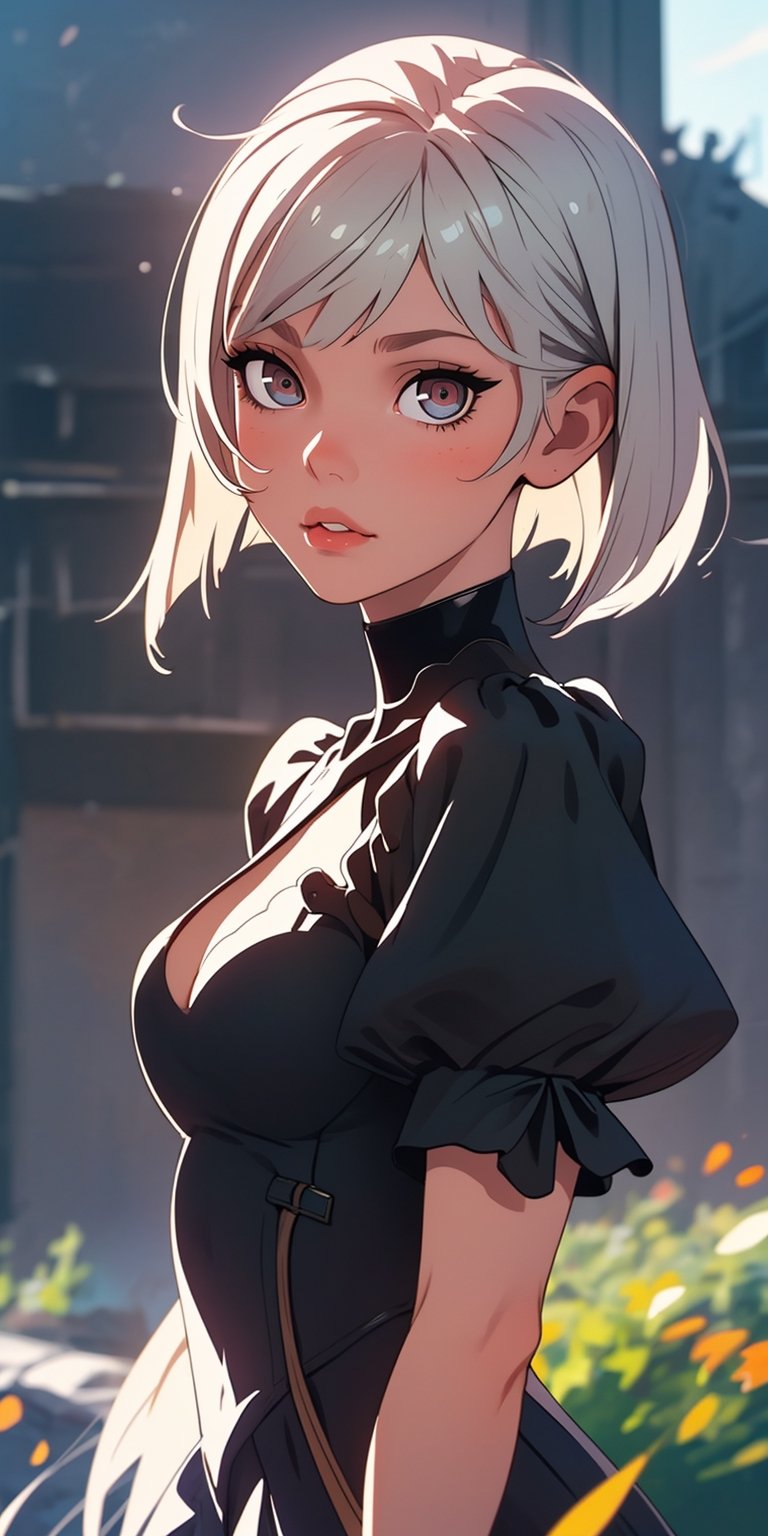 (best quality, masterpiece), 1girl, looking at viewer, blurry background, upper body, contemporary, dress,perfecteyes,milfication,yorha no. 2 type b