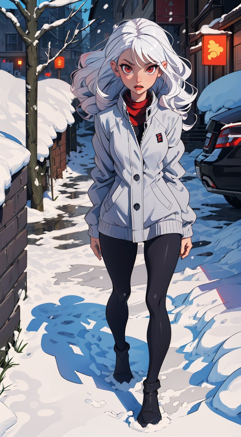 Female vampire, ((age 27)), red eyes, (detail eyes), pale_skin, white_hair, ((long_curly_hair)), night, walking through city ruins, (best shadow, best gray shader, ultra detailed, ultra resolution), falling_snow, surfaces covered in snow, perfect finger, full_body