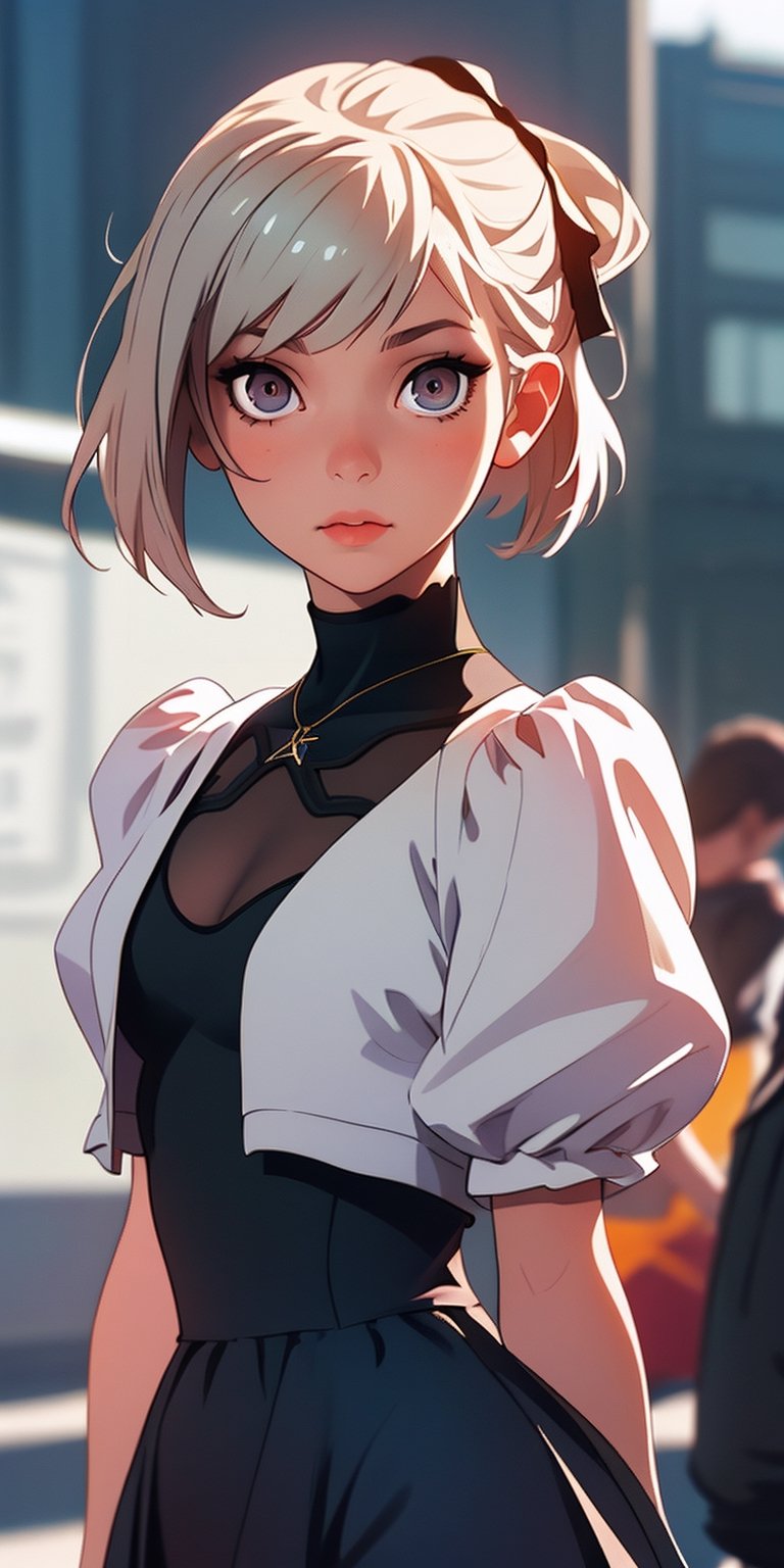 (best quality, masterpiece), 1girl, looking at viewer, blurry background, upper body, contemporary, dress,perfecteyes,milfication,yorha no. 2 type b