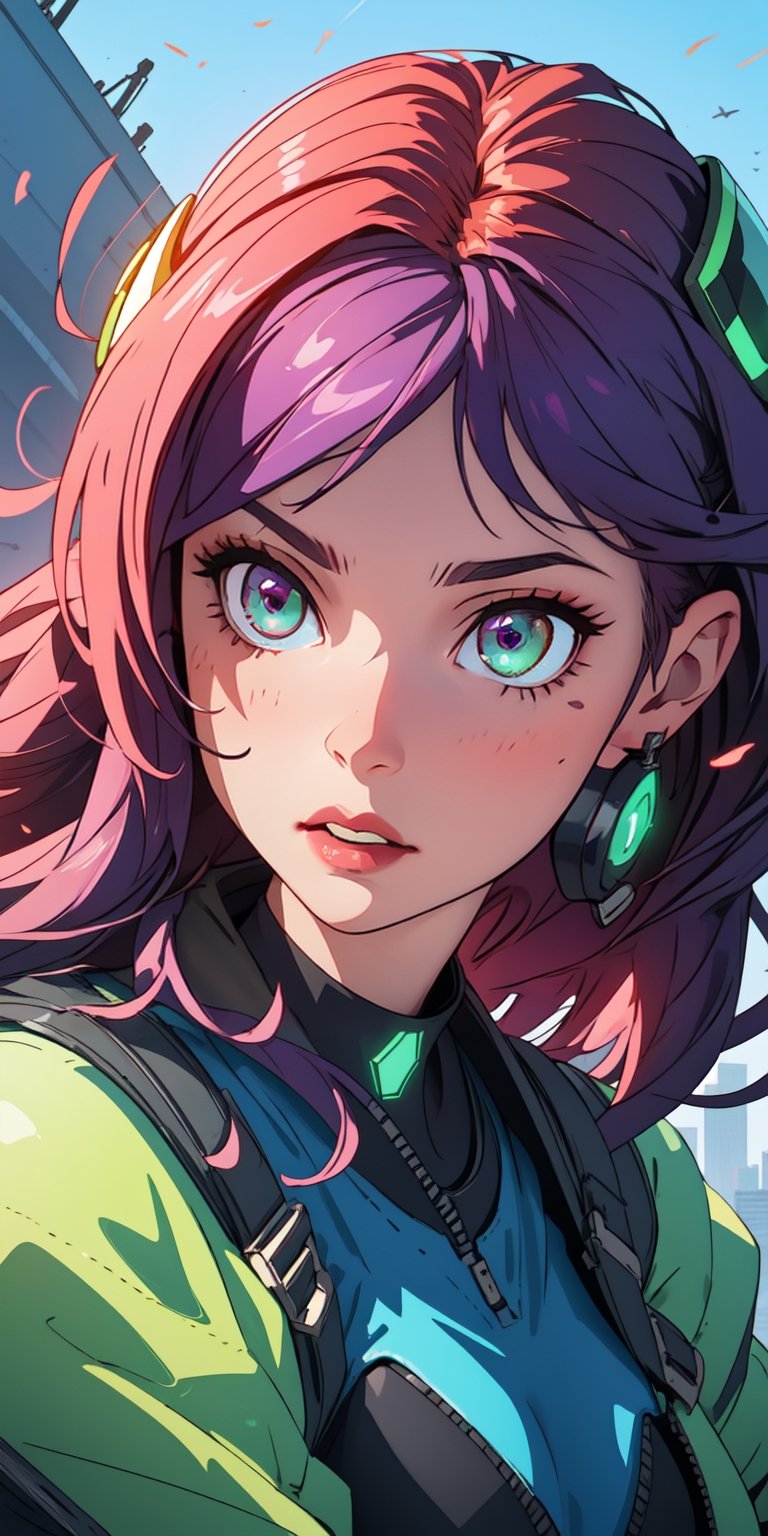 ((masterpiece)), best quality, 8k, high quality, high resolution, super detailed, ultra detailed, photorealistic, beautiful and finely detailed face and eyes, ultra detailed and detailed skin texture, expressive eyes, perfect face, 1 girl, vibrant purple hair, (mechanical exosuit), glowing green eyes, utility belt, armored vest, (energy gauntlets), helmet with heads-up display, in an industrial cyberpunk environment, determined expression, ((resolute mouth)), day, dystopian cityscape, towering skyscrapers, high-tech ambiance, (buzzing drones), (metallic echoes), since dawn, Aria, augmented eyes, "Alita: Battle Angel" inspired background.