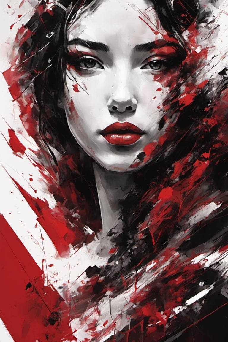 aesthetic, 2 tone, black and white, simplified shapes, figurative, style mix of acrylic painting, watercolor, oil painting, photography, digital art,   brush strokes, dark red color pop, a gorgeous young woman, sexy , cyberpunk , highly detailed , ultra detailed, very intricate, low poly, abstract surreal, Kanji , Katakana ,  niji style, graffiti style,  comics style, anime style