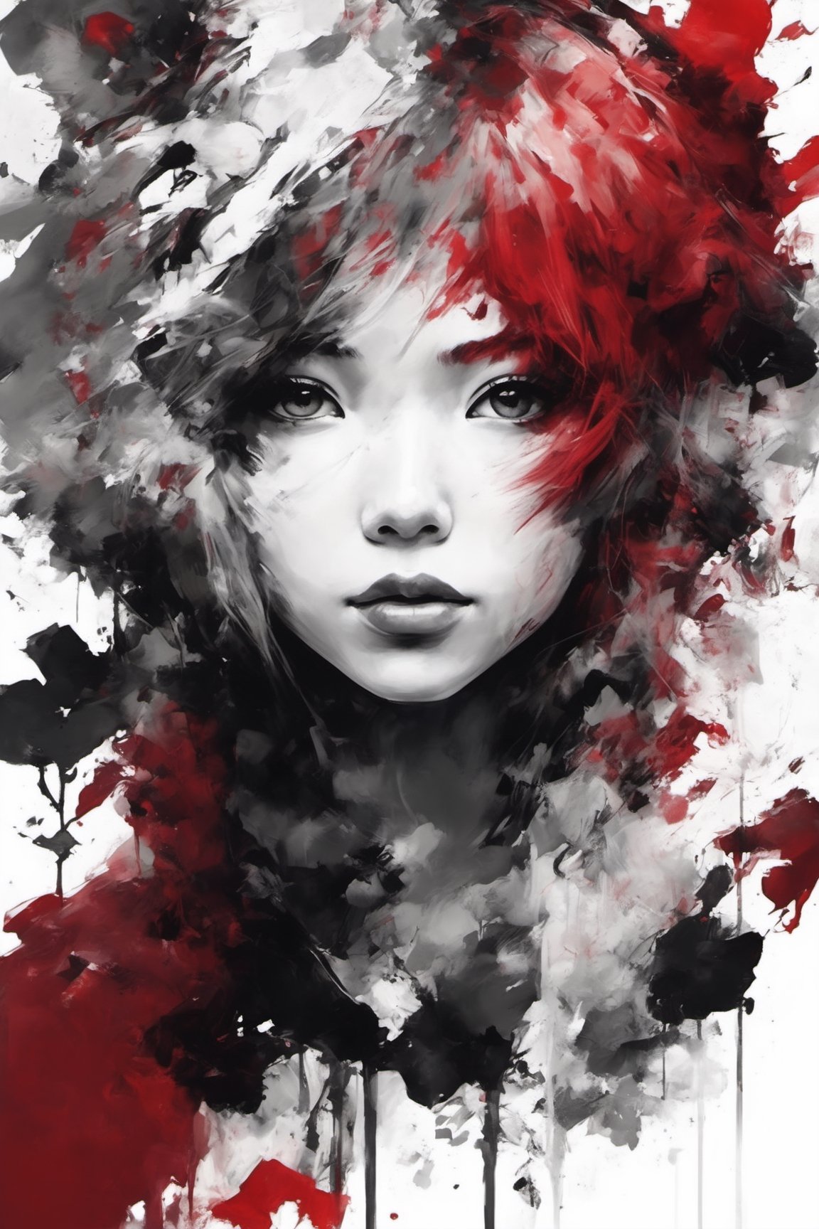 aesthetic, 2 tone, black and white, simplified shapes, figurative, style mix of acrylic painting, watercolor, oil painting, photography, digital art,   brush strokes, dark red color pop, a gorgeous young girl, highly detailed , ultra detailed, very intricate, low poly, abstract surreal, Kanji , Katakana ,  niji style, graffiti style,  comics style, anime style 