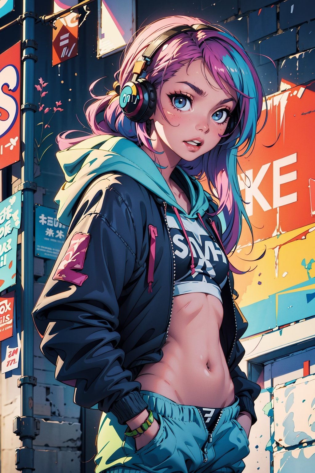 masterpiece, confident lol, squint, hi-res, profoto, rock singer, 1girl, solo, rainbow hair, hoodie, belly button, straight hair, hands in pockets, headphones, long hair,