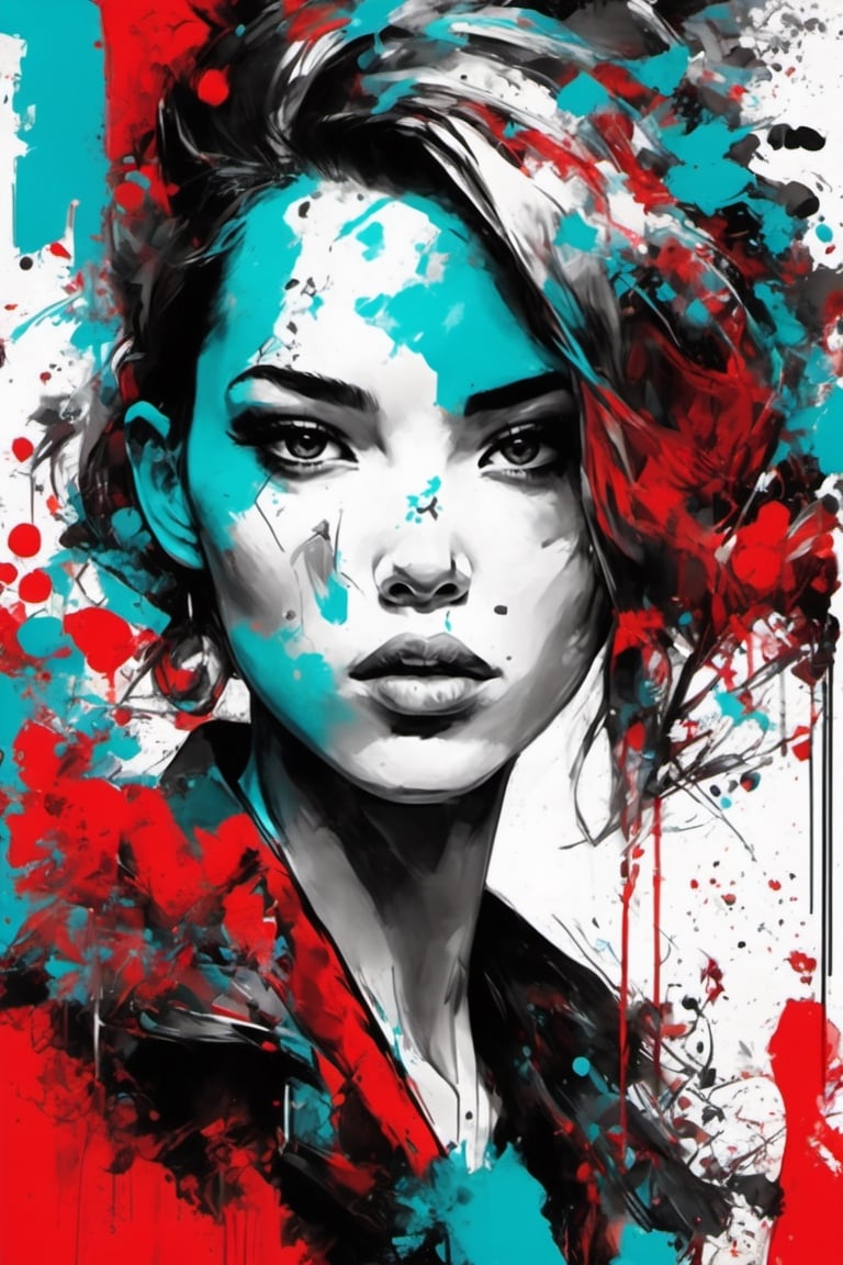 aesthetic, 2 tone, black and white, simplified shapes, figurative, style mix of acrylic painting, watercolor, oil painting, photography, digital art,   brush strokes, red and turquoise color pop, a gorgeous young woman, sexy , cyberpunk , highly detailed , ultra detailed, very intricate, low poly, abstract surreal, Kanji , Katakana ,  niji style, graffiti style,  comics style, anime style