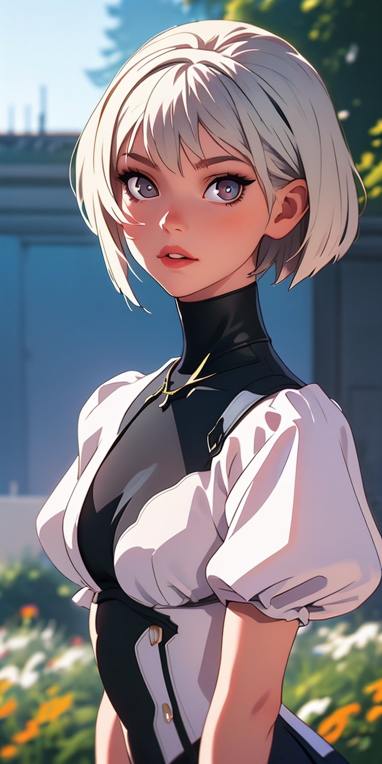 (best quality, masterpiece), 1girl, looking at viewer, blurry background, upper body, contemporary, dress,perfecteyes,milfication,yorha no. 2 type b