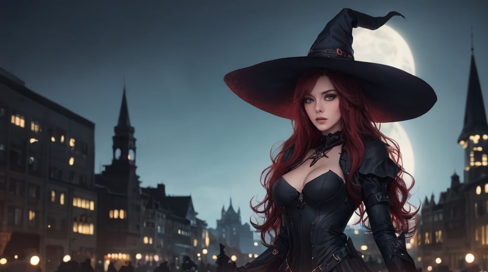 Create a beautiful german woman in sexy witch costume.witch hat , red long hair , beautiful blue eyes, age 30, background of helloween in city at night.,photo r3al,aw0k euphoric style,detailmaster2,DonMn1ghtm4reXL,DarkTheme