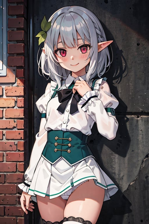 (masterpiece), best quality, high resolution, extremely detailed, detailed background, detailed background, detailed background, cinematic lighting, exterior, 1girl, elf girl, , medium hair, silver hair, crossed bangs, light red eyes, small breasts, white shirt, green dress, drastic hair ornaments, skirt, ruffles, lace trim, ruffled sleeves, ruffled skirt, thigh-high, booties, face in love, shaded face, flirty smile, hands on own cheeks, white panties,