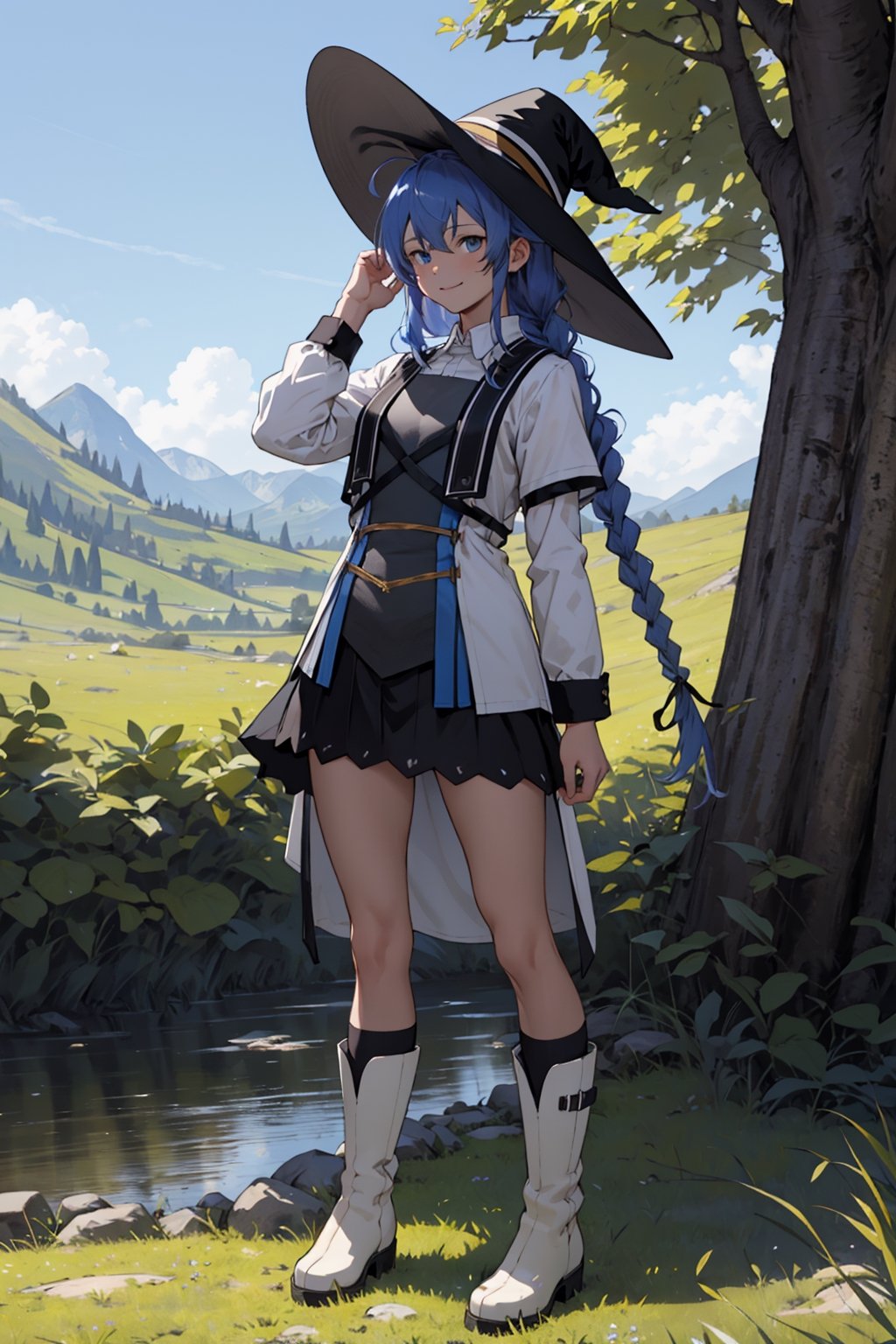 Ahoge, top quality, high resolution, extremely detailed, detailed background, best quality, (masterpiece), detailed, 1girl, alone, full body, light smile, twin braids, very long hair, blue hair, blue eyes, with look sleepy, white dress, neckband, black ribbon, black skirt, wearing white boots, witch hat, black hat, standing, looking at viewer, outdoors, grass, tree, mountain, lifting her skirt with her hands and showing white underwear